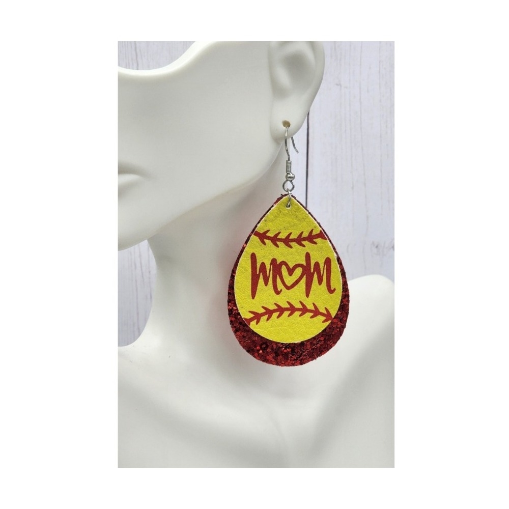 Softball Mom Teardrop Earrings‎ Red Glitter Yellow Baseball Mom Jewelry